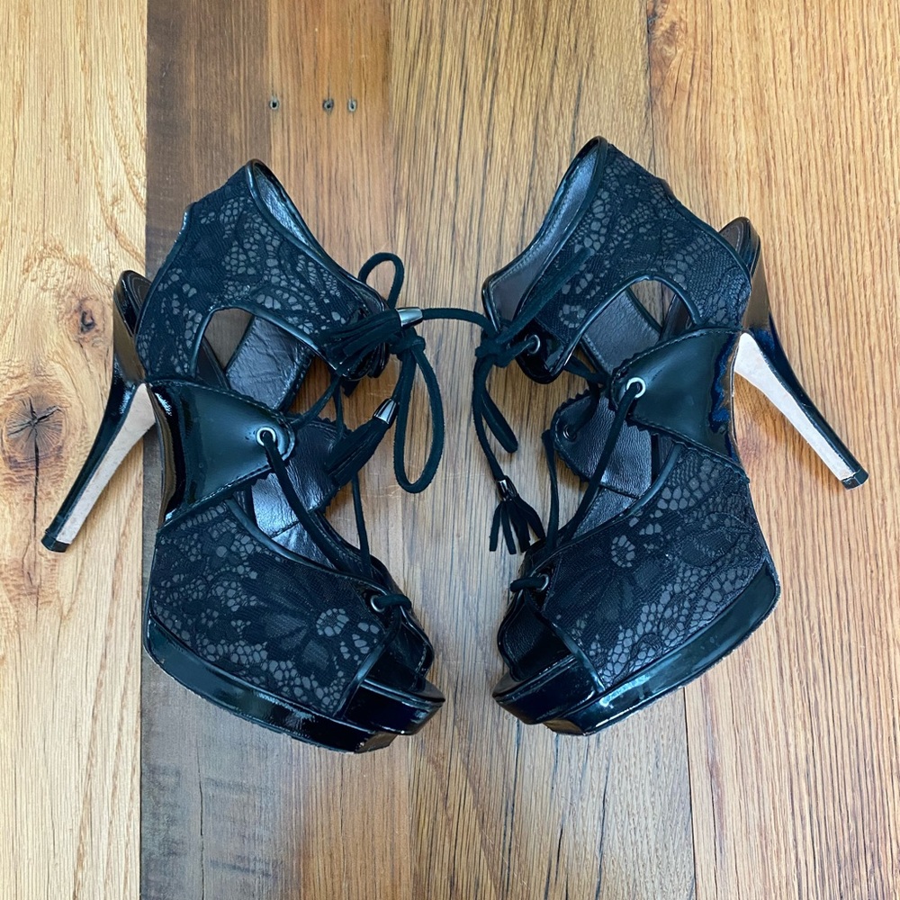Bebe Black Lace Platform Heels